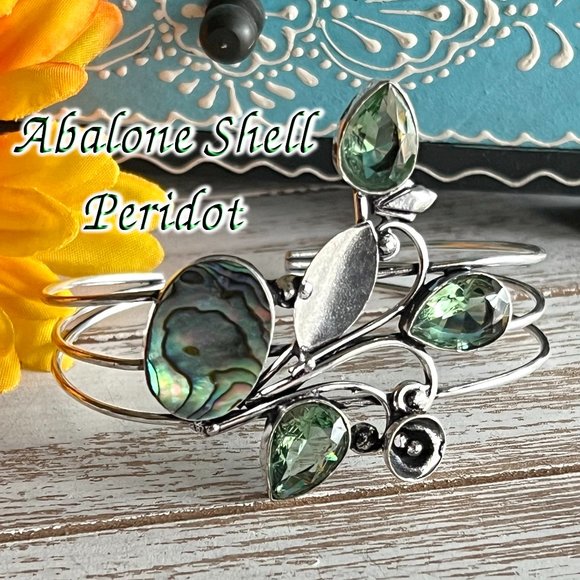 Abalone Shell Peridot Bangle Bracelet Handmade Stone Gemstone Crystal 925 Silver - Picture 4 of 13
